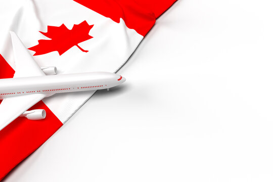 Passenger Airplane And Flag Of Canada. 3D Illustration