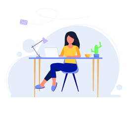 Work at home flat. Home office concept. A woman working from home, student or freelancer.
