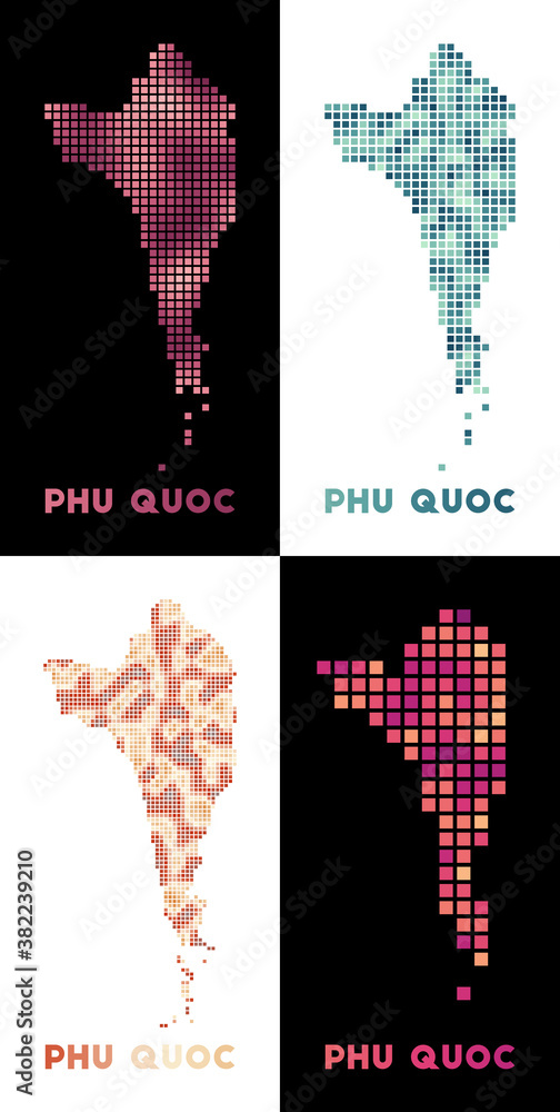 Poster phu quoc map. collection of maps of phu quoc in dotted style. borders of the island filled with rect