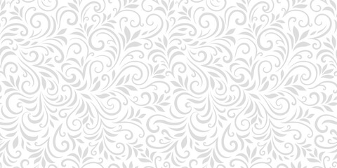 Vector seamless pattern with leaves and curls. Monochrome abstract floral background. Stylish monochrome texture. - 382239244