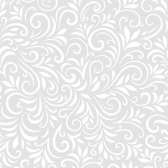 Vector seamless pattern with leaves and curls. Monochrome abstract floral background. Stylish monochrome texture.
