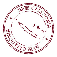 New Caledonia round rubber stamp with country map. Vintage red passport stamp with circular text and stars, vector illustration.