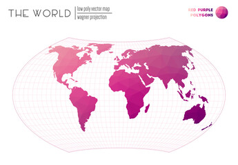 Polygonal map of the world. Wagner projection of the world. Red Purple colored polygons. Trending vector illustration.