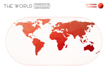 Polygonal world map. Eckert III projection of the world. Red Shades colored polygons. Beautiful vector illustration.