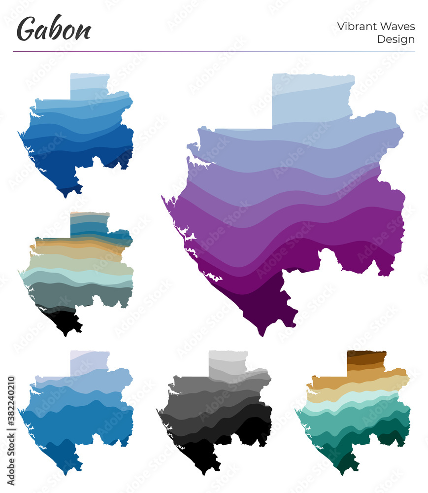 Aufkleber set of vector maps of gabon. vibrant waves design. bright map of the country in geometric smooth cur