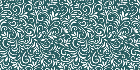 Vector seamless pattern with leaves and curls. Monochrome abstract floral background. Stylish monochrome texture.