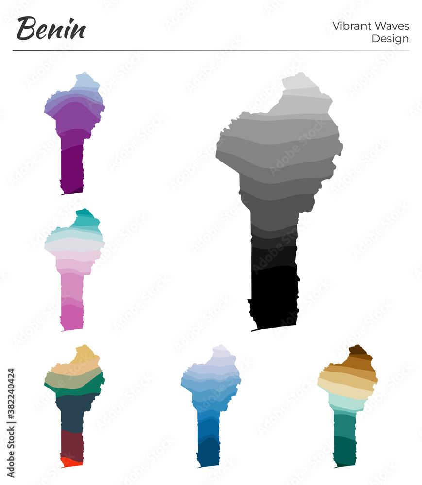Poster set of vector maps of benin. vibrant waves design. bright map of the country in geometric smooth cur