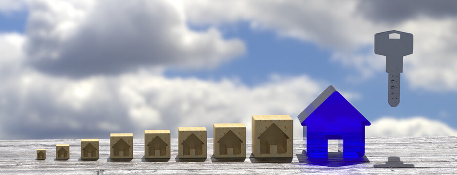 Mortgage concept. Wooden house model with copyspace and key. 3d rendering