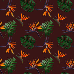 Seamless tropical pattern with  strelitzia with leaves on  burgundy background. Seamless pattern with colorful leaves of colocasia, filodendron, monstera. Exotic wallpaper. Hawaiian style © Olena