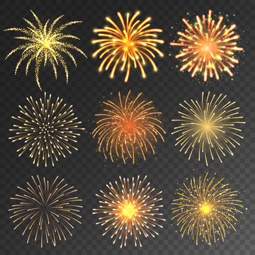 Festive fireworks collection. Realistic colorful firework on transparent background. Christmas or New Year greeting card element. Vector illustration.