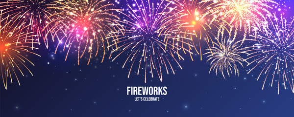 Festive fireworks. Realistic colorful firework. Christmas or New Year greeting card. Diwali festival of lights. Vector illustration. - obrazy, fototapety, plakaty
