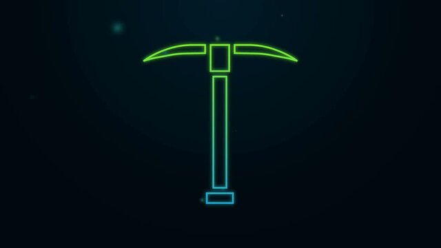Glowing neon line Pickaxe icon isolated on black background. 4K Video motion graphic animation