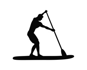 Supboarding vector icon. Man on sup board silhouette black on white - obrazy, fototapety, plakaty