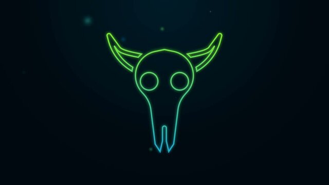 Glowing neon line Buffalo skull icon isolated on black background. 4K Video motion graphic animation