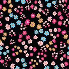 Fototapeta na wymiar Colorful simple flowers seamless vector pattern on a dark background. Meadow surface print design for fabrics, stationery, scrapbook paper, gift wrap, textiles, and packaging.