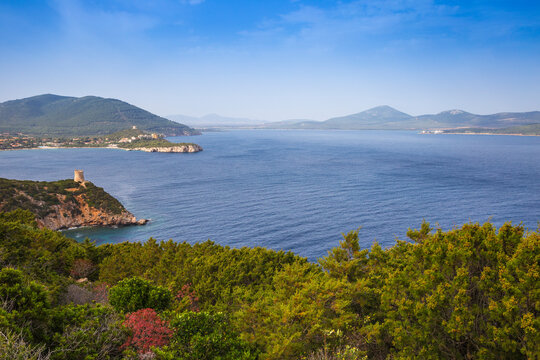 View towards Bollo Tower, Capo Caccia, Porto Conte National Park, Alghero, Sardinia