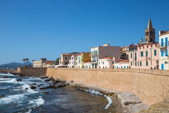 View of ancient city walls and the historical center, Alghero, Sardinia