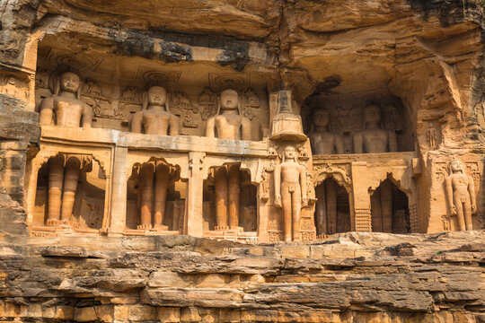 Jain images cut into the cliff rock of Gwalior Fort, Gwalior, Madhya Pradesh, India