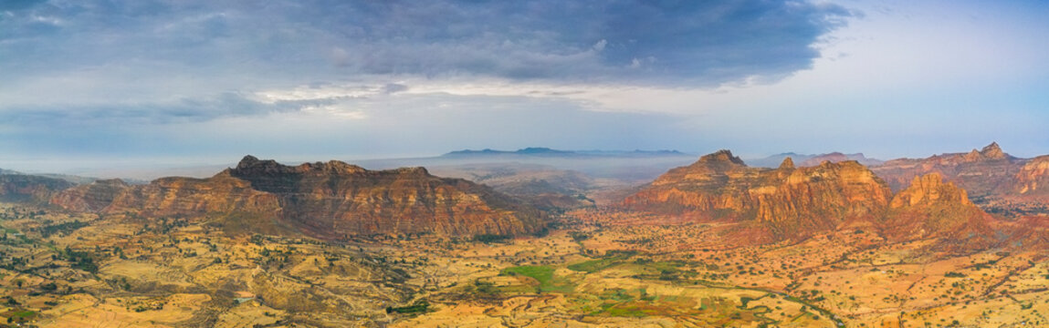 Aerial panoramic by drone of Gheralta Mountains and Dugem, Tigray Region, Ethiopia