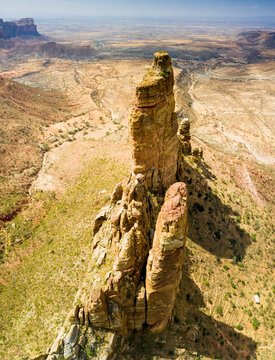 Aerial view of Gheralta Mountains pinnacles and access trail to the old Abuna Yemata Guh church, Tigray Region, Ethiopia