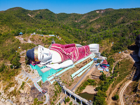 Aerial by drone of a giant reclining Buddha in Win Sein Taw Ya outside Mawlamyine, Mon state