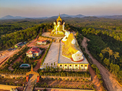 Aerial of the huge sitting and reclining Buddhas, Ko Yin Lay, Pupawadoy Monastery near Ye, Mon state