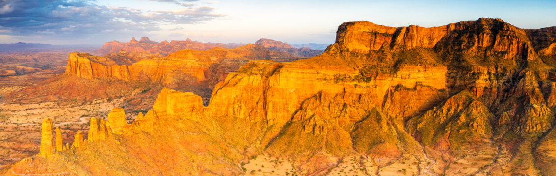 Sunset over red rocks of Gheralta Mountains, aerial view by drone, Hawzen, Tigray Region, Ethiopia
