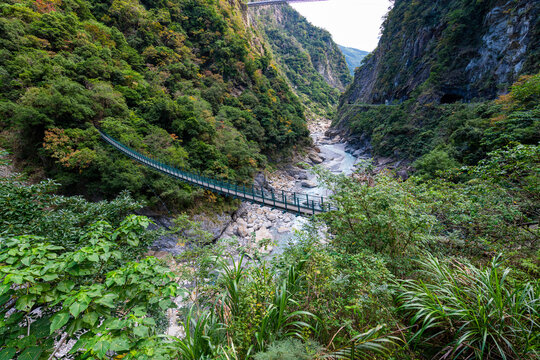 Hanging bridge in the Taroko Gorge, Taroko National Park, Hualien county, Taiwan