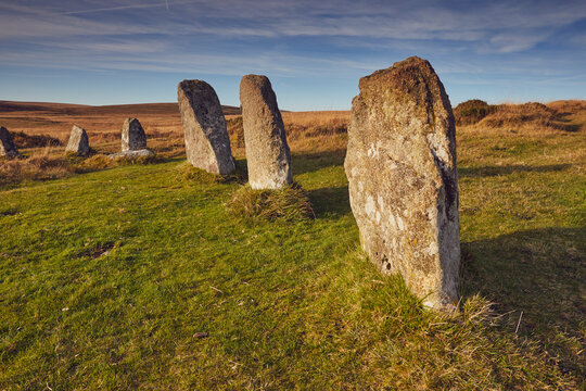 Ancient prehistoric standing stones in a stone circle, Scorhill Stone Circle, Dartmoor National Park, Devon, England, United Kingdom