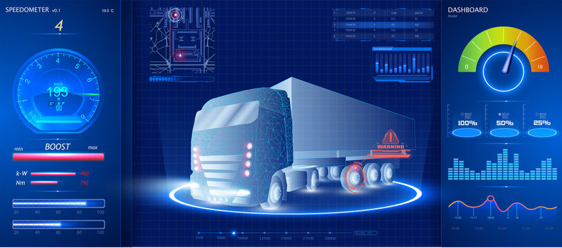 Autonomous smart truck. Unmanned vehicles. artificial intelligence controls the Autonomous truck. Hologram car style in HUD/UI/GUI. Hardware Diagnostics Condition of Car. Analysis and diagnostics auto