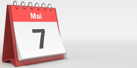 May 7 date written in German on the flip calendar page. 3d rendering