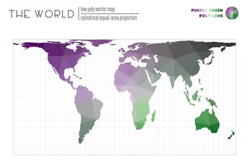 World map with vibrant triangles. Cylindrical equal-area projection of the world. Purple Green colored polygons. Creative vector illustration.
