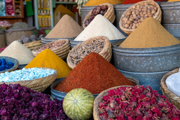 Colourful display of spices in spice market (Rahba Kedima Square) in the souks of Marrakech, Morocco