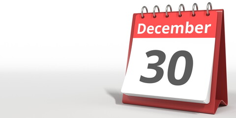 December 30 date on the flip calendar page, 3d rendering