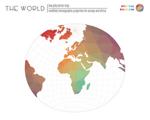 Triangular mesh of the world. Modified stereographic projection for Europe and Africa of the world. Spectral colored polygons. Contemporary vector illustration.