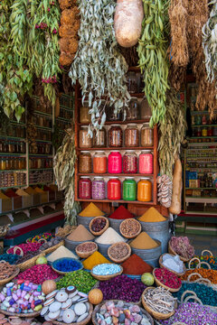 A display of spices in spice market (Rahba Kedima Square) in the souks of Marrakech, Morocco