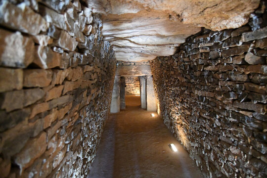 Dolmen de Romeral, a Chalcolithic period ritual monument, showing the corbelled construction of the entrance passage, Antequera, Malaga Province, Andalusia, Spain