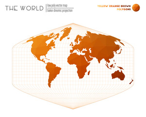Low poly design of the world. Baker Dinomic projection of the world. Yellow Orange Brown colored polygons. Creative vector illustration.
