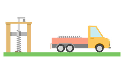 Yellow drilling truck in flat style. Special machine for the construction work. Isolated on white background.