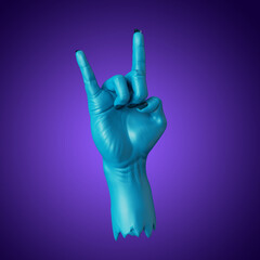 3d render, blue zombie hand rock gesture, Halloween clip art isolated on violet background