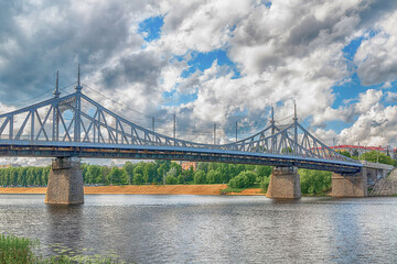 Tver Russia June 2017. Iron road bridge across the Volga on a cloudy summer day