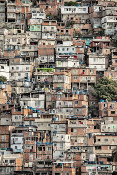 View of poor housing in the favela (slum), Cantagalo near Copacabana Beach, Rio de Janeiro, Brazil