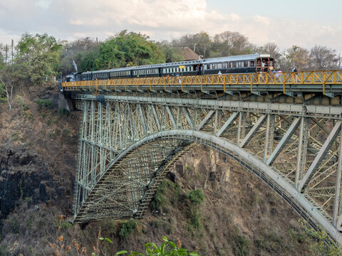 View of the bridge over Victoria Falls on the Zambezi River, straddling the border of Zambia and Zimbabwe