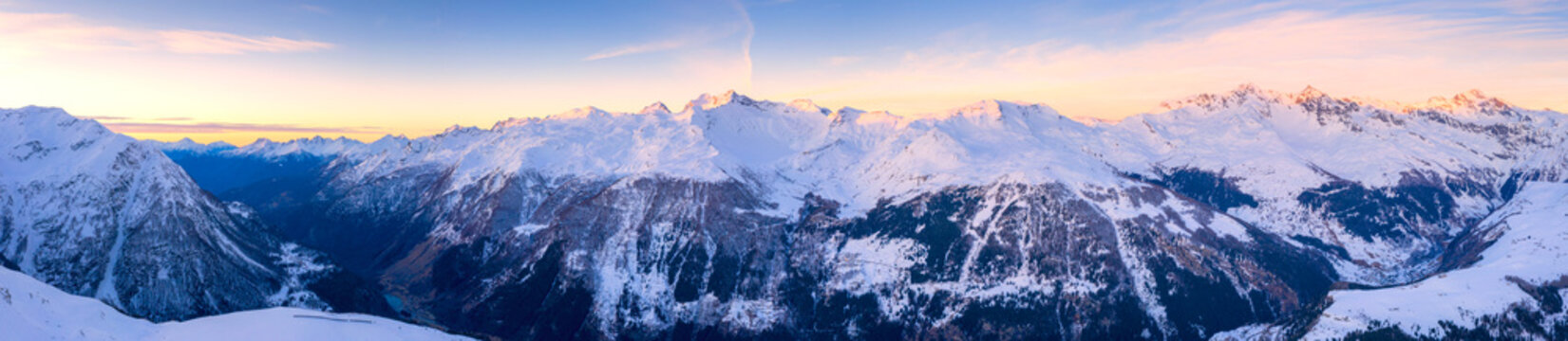 Snowy peaks of Valle Spluga at sunset, aerial view, Valchiavenna, Valtellina, Lombardy