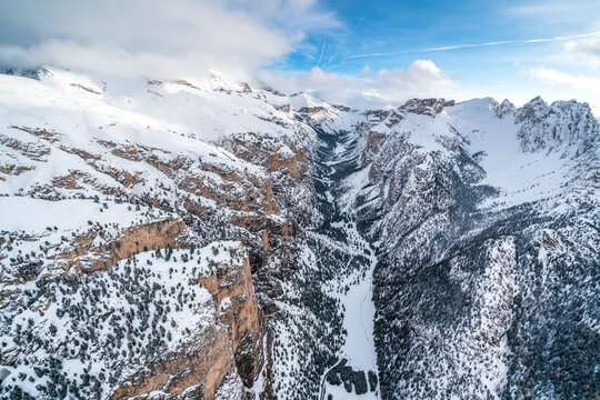 Aerial view of Vallunga, Monte Stevia and Cir group in winter, Val Gardena, Dolomites, Trentino-Alto Adige
