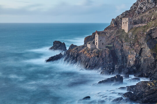A dusk view of the iconic cliffside ruins of Botallack tin mine, near St. Just, near Penzance, in west Cornwall