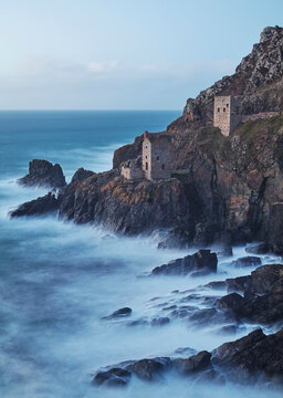 A dusk view of the iconic cliffside ruins of Botallack tin mine, near St. Just, near Penzance, in west Cornwall
