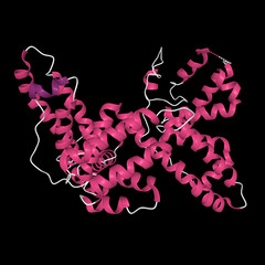 Tertiary structure of human vitamin D binding protein with the differently colored secondary structure elements, 3D cartoon model, black background