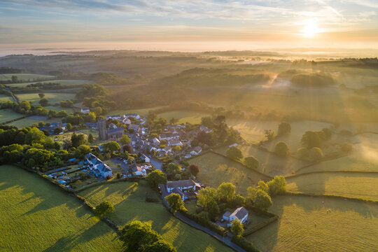 Spring sunrise over the Dartmoor village of South Tawton in Devon