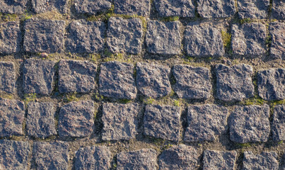 Covering the street with gray paving stones, overgrown with green moss. Backround.